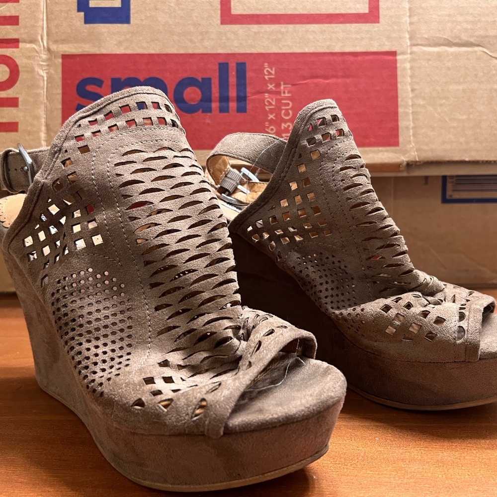 Brown suede wedge heels. Size 8